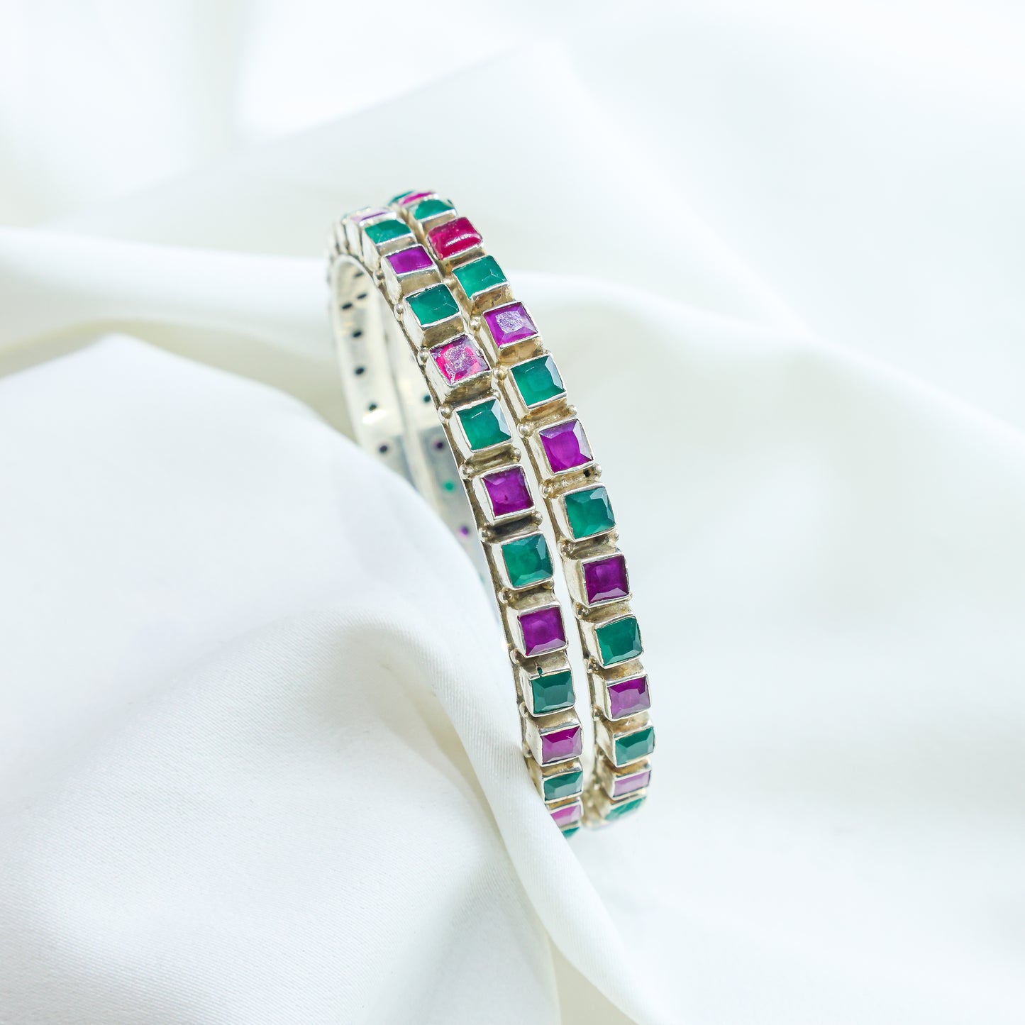 925 Silver Bangles| Aasma Silver Ruby&Emerald Semi precious Cut-stone Bangles