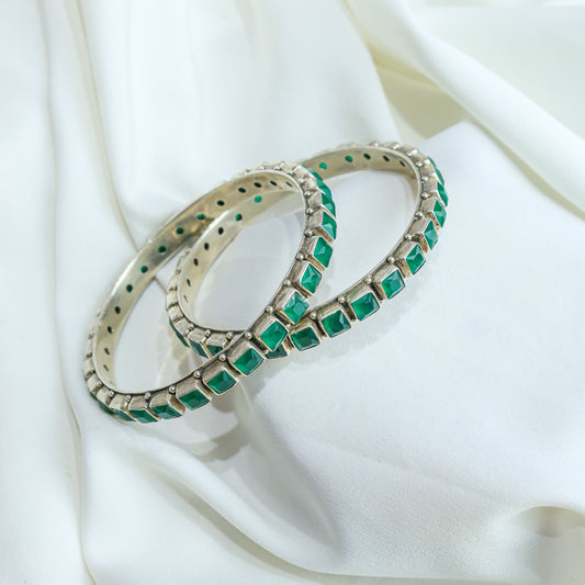 925 Silver Bangles|Aasma Semi Precious Emerald Stone Silver Bangles