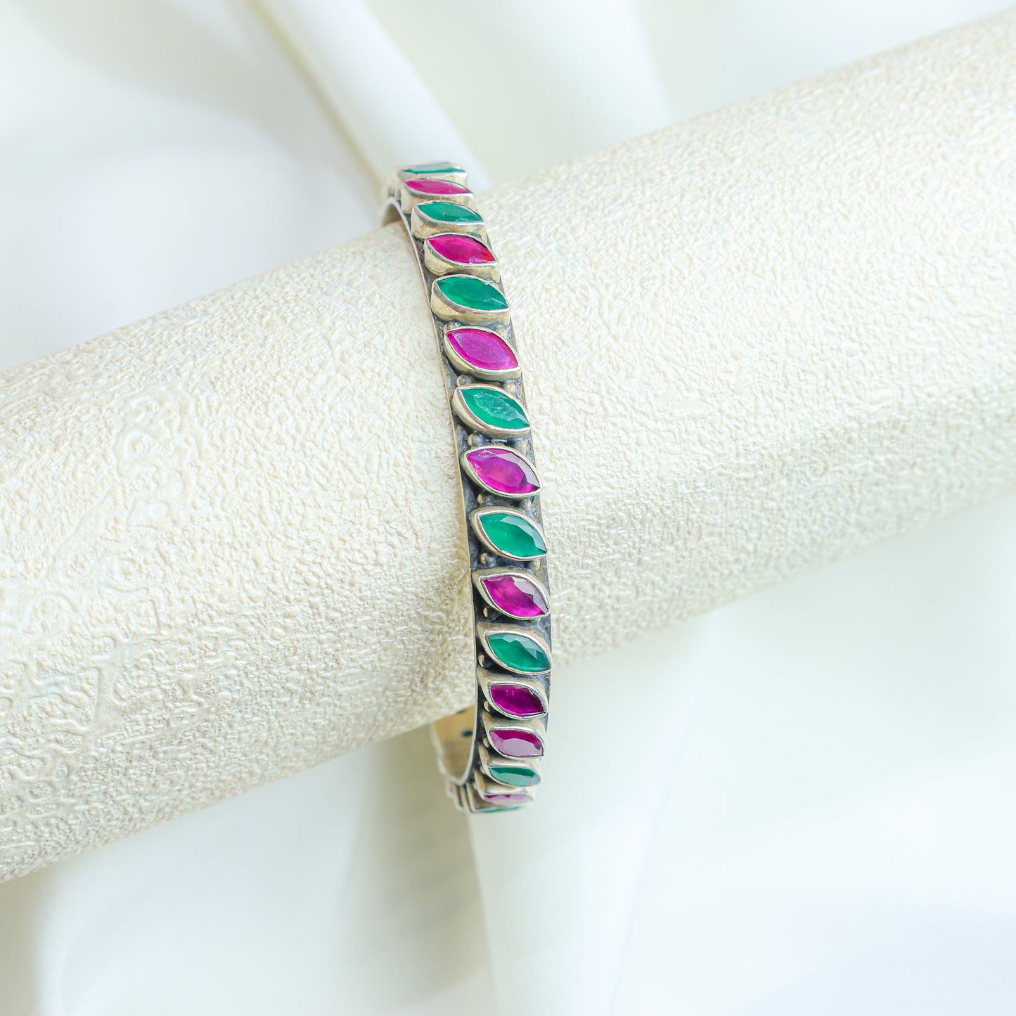 925 Silver Bangles| Asama Cutstone Silver Ruby and Emerald Bangle