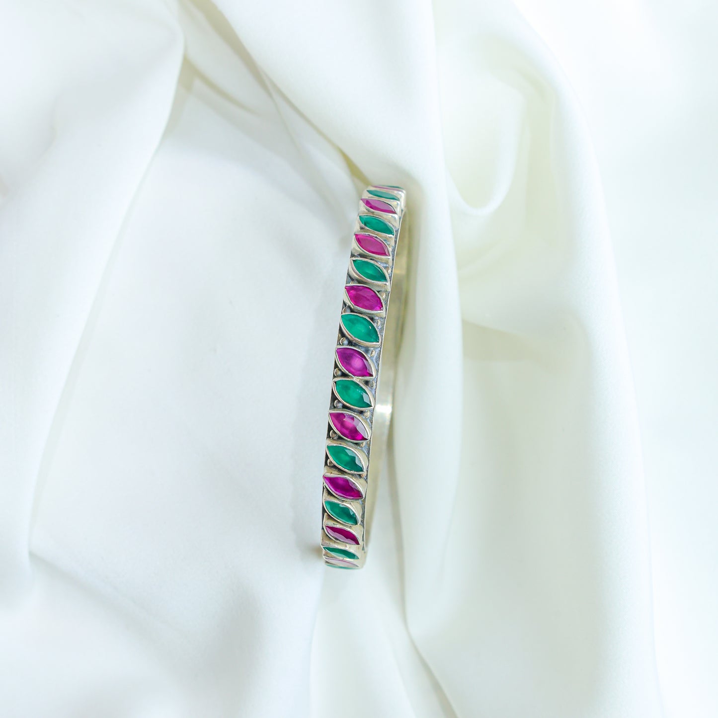 925 Silver Bangles| Asama Cutstone Silver Ruby and Emerald Bangle