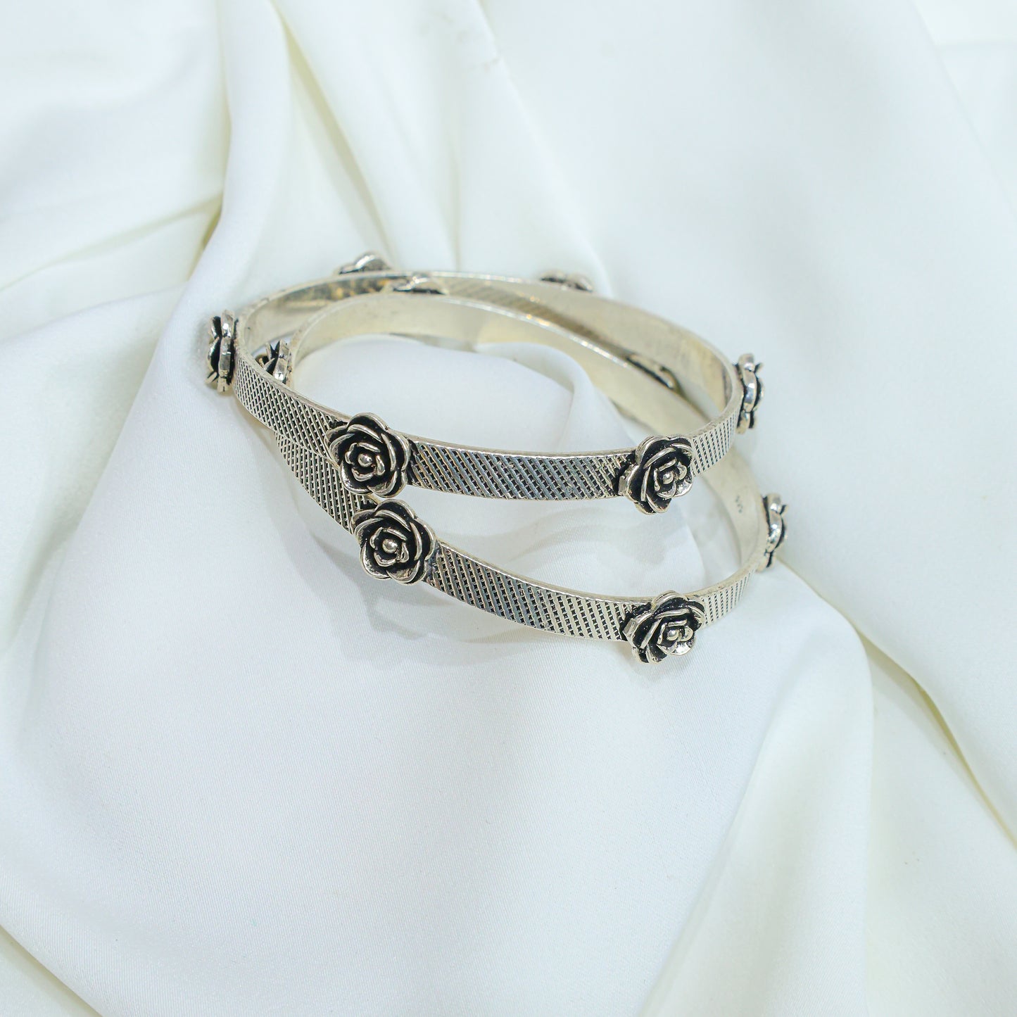 925 Single Bangles| Moh Rose Flower Silver Statement Bangle ( Single Piece)