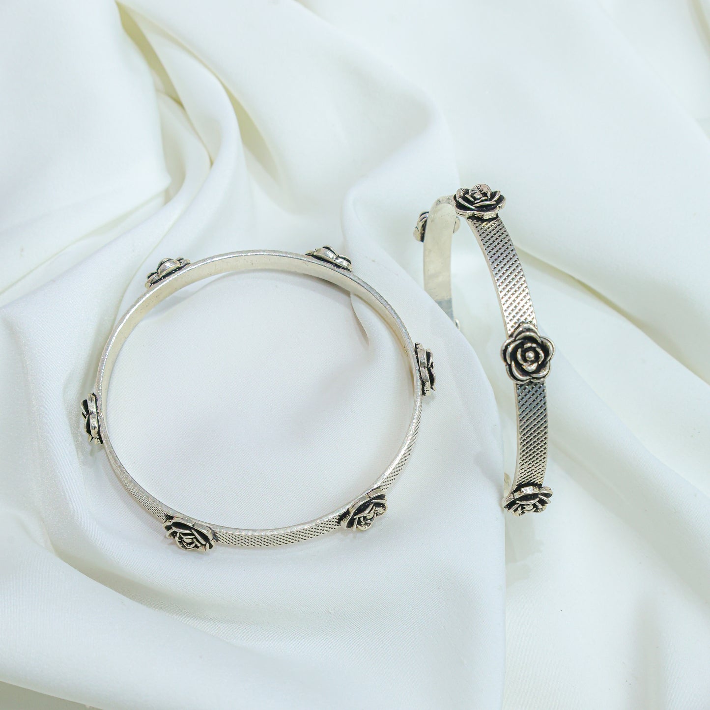 925 Single Bangles| Moh Rose Flower Silver Statement Bangle ( Single Piece)