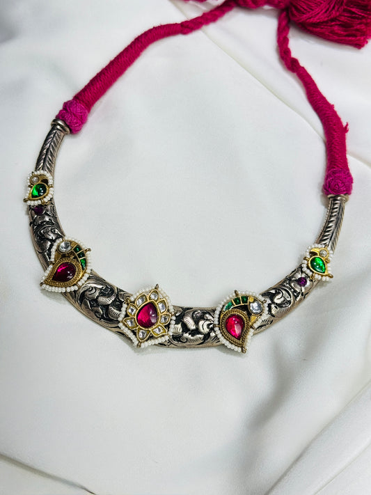 925 Silver Necklace|Anokhi Fusion Chittai Silver Hasli with Adjustable Dori