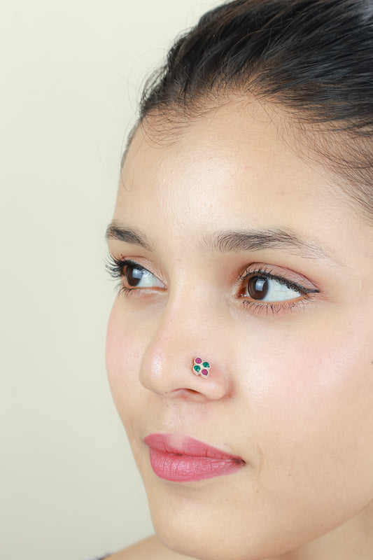 925 Silver Nosepin| Nazakat Emerald and Ruby Silver Nose-pin
