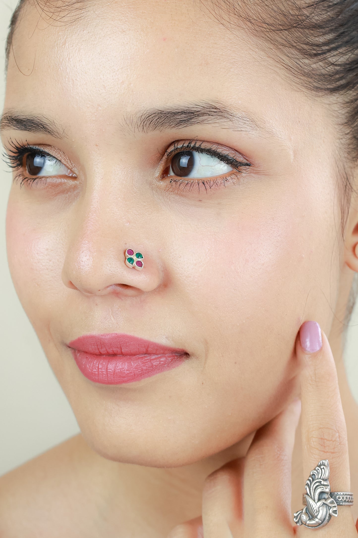 925 Silver Nosepin| Nazakat Emerald and Ruby Silver Nose-pin