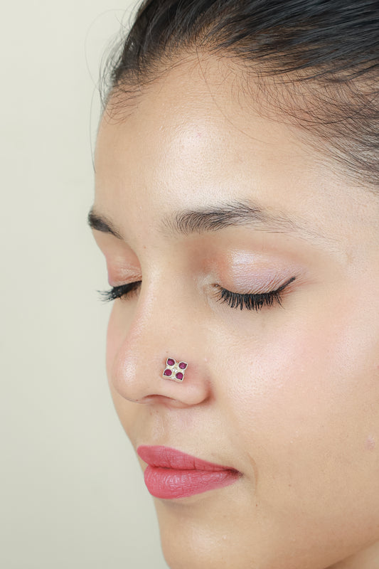925 Silver Nosepin| Nazakat Ruby Petal Silver Nosepin
