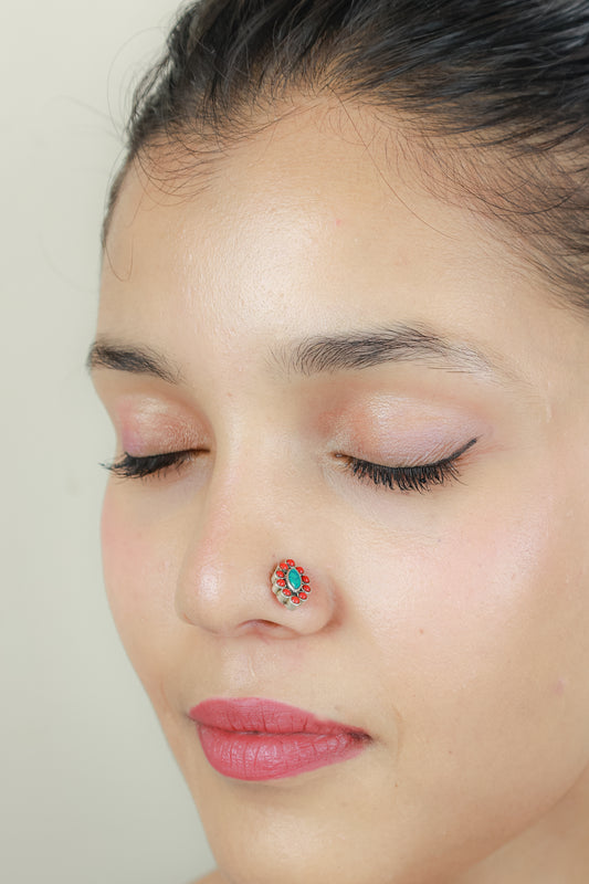 925 Silver Nosepin| Nazakat Coral And Turquoise Silver Nosepin