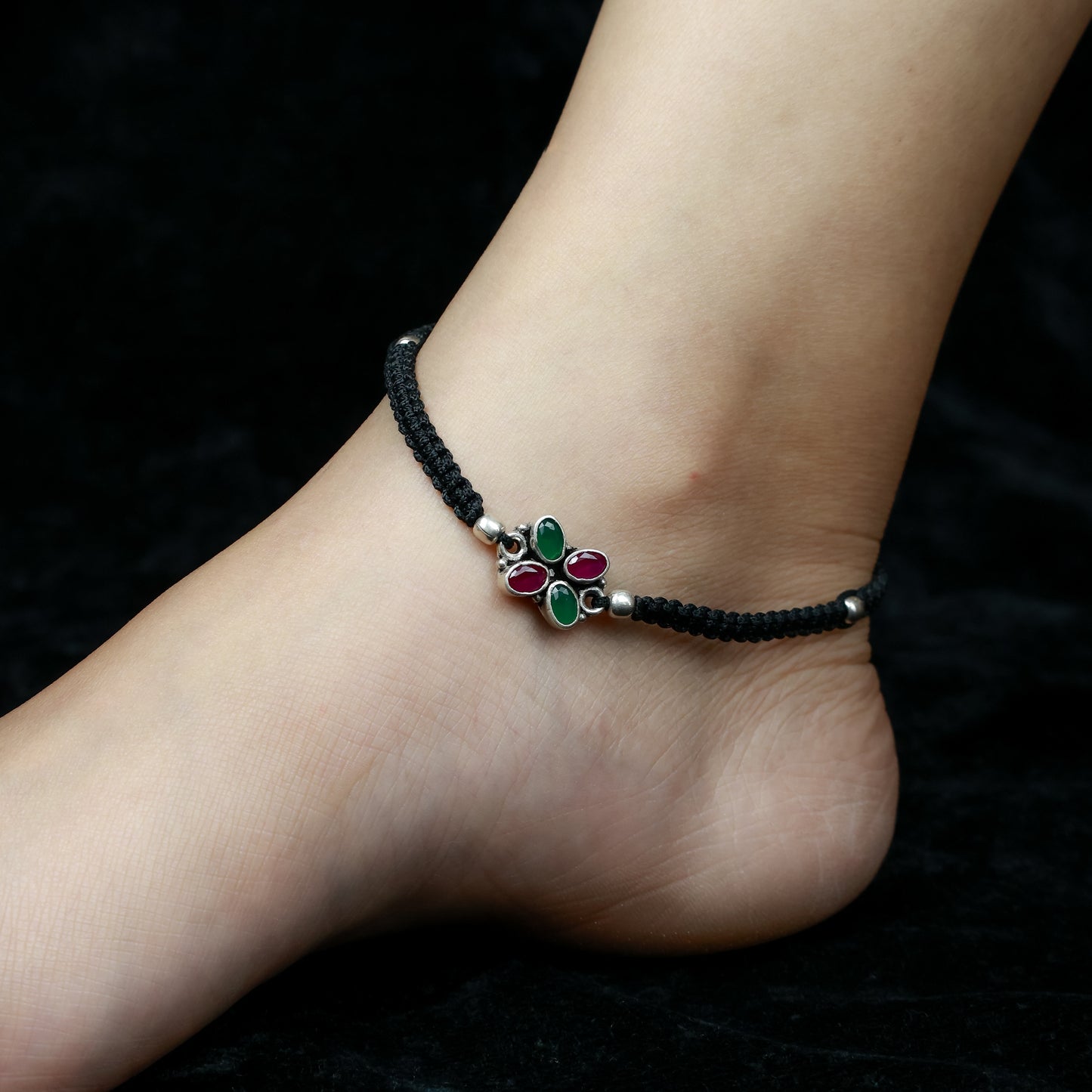 925 Silver Anklet| Aasma Nazakat Ruby and Emerald Butterfly Anklet( Single Piece)