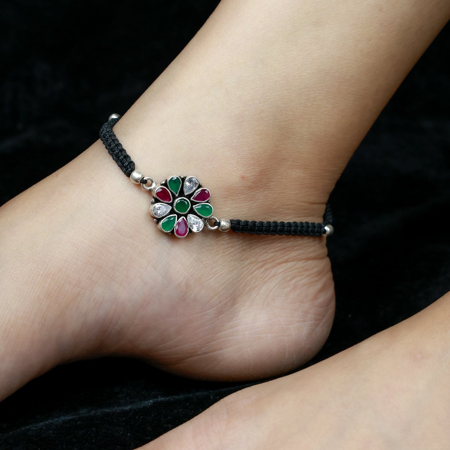 925 Silver Anklet| Aasma Nazakat Ruby, Emerald And Zircon Floral Silver Anklet