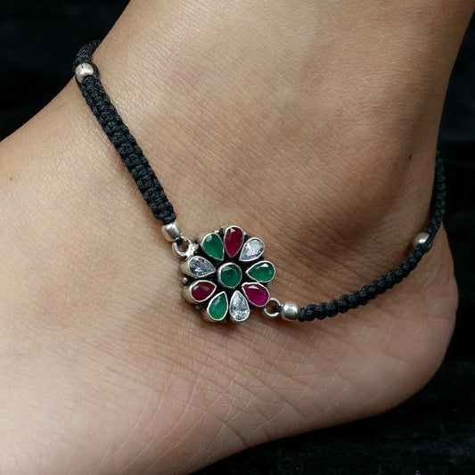 925 Silver Anklet| Aasma Nazakat Ruby, Emerald And Zircon Floral Silver Anklet