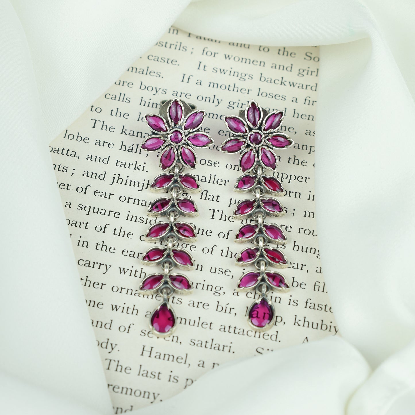 Ayushi Semiprecious Delicate Ruby Phool Pati & Petals Silver Necklace With Earrings