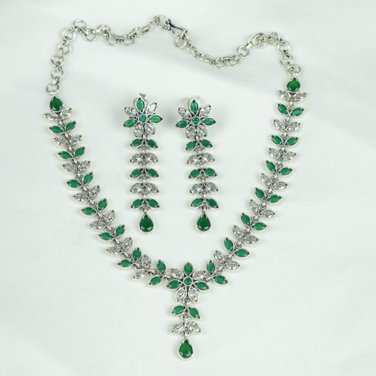 Ayushi Semiprecious Delicate Emerald & Zircon Flower And Petals Silver Necklace Set With Earrings