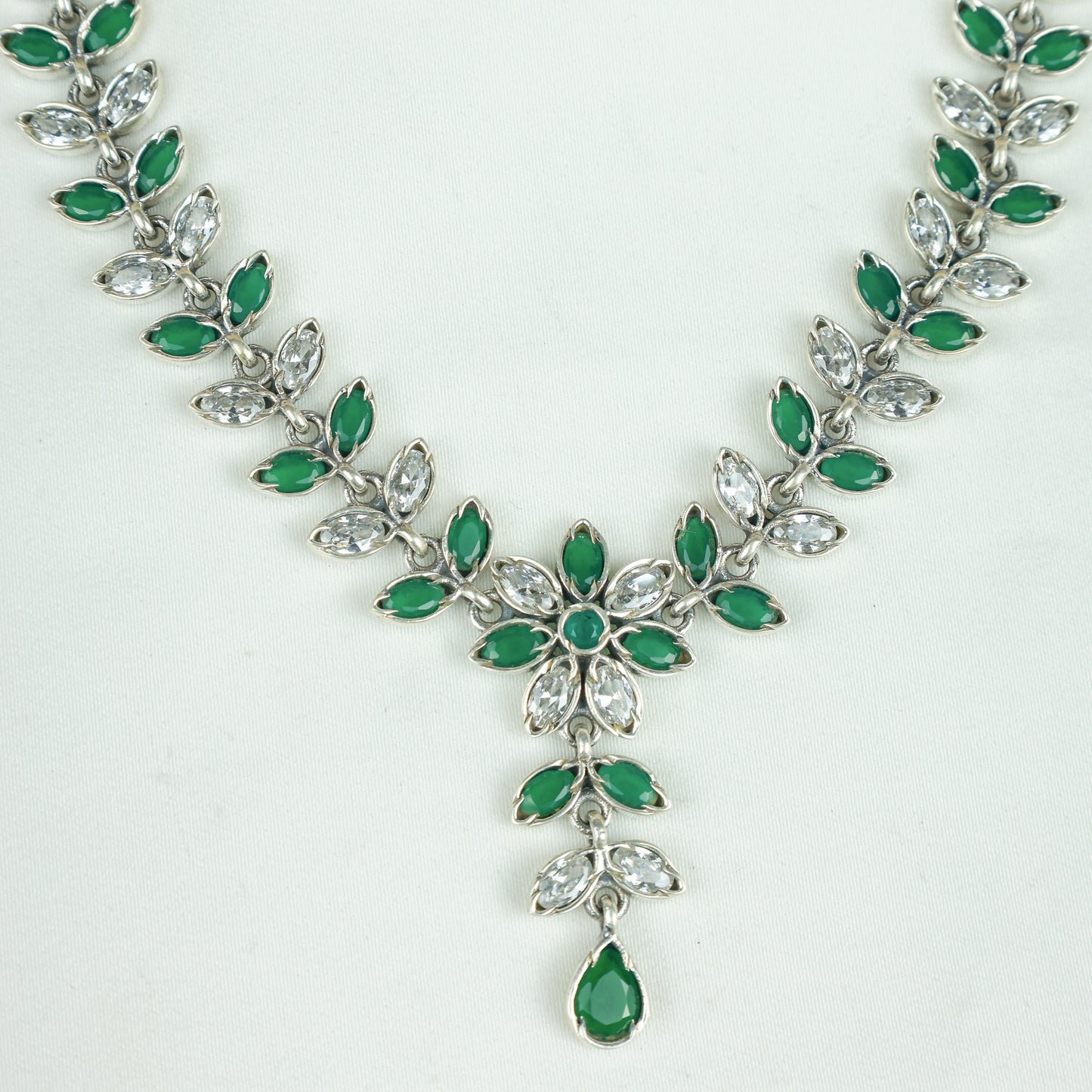 Ayushi Semiprecious Delicate Emerald & Zircon Flower And Petals Silver Necklace Set With Earrings