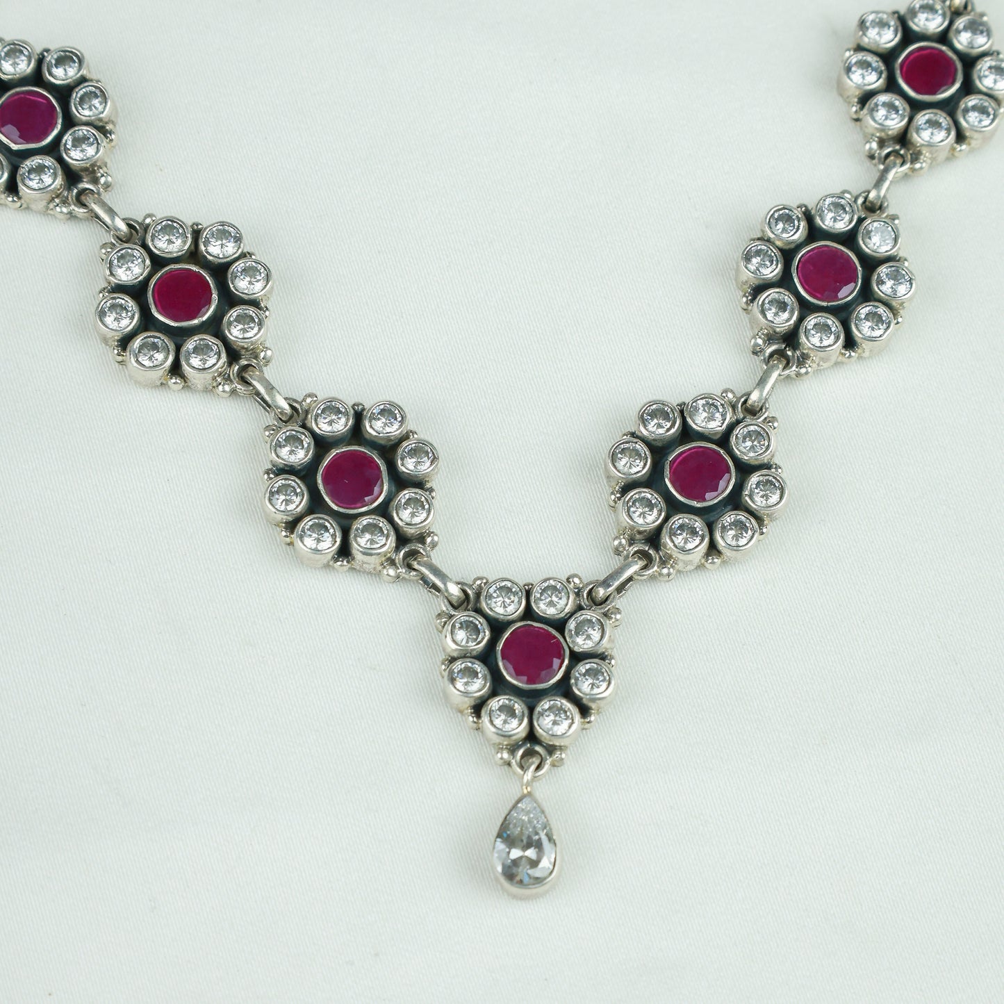 Ayushi Semiprecious Ruby & Zircon Silver Daisy Necklace Set