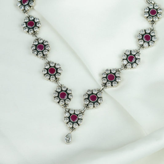 Ayushi Semiprecious Ruby & Zircon Silver Daisy Necklace Set