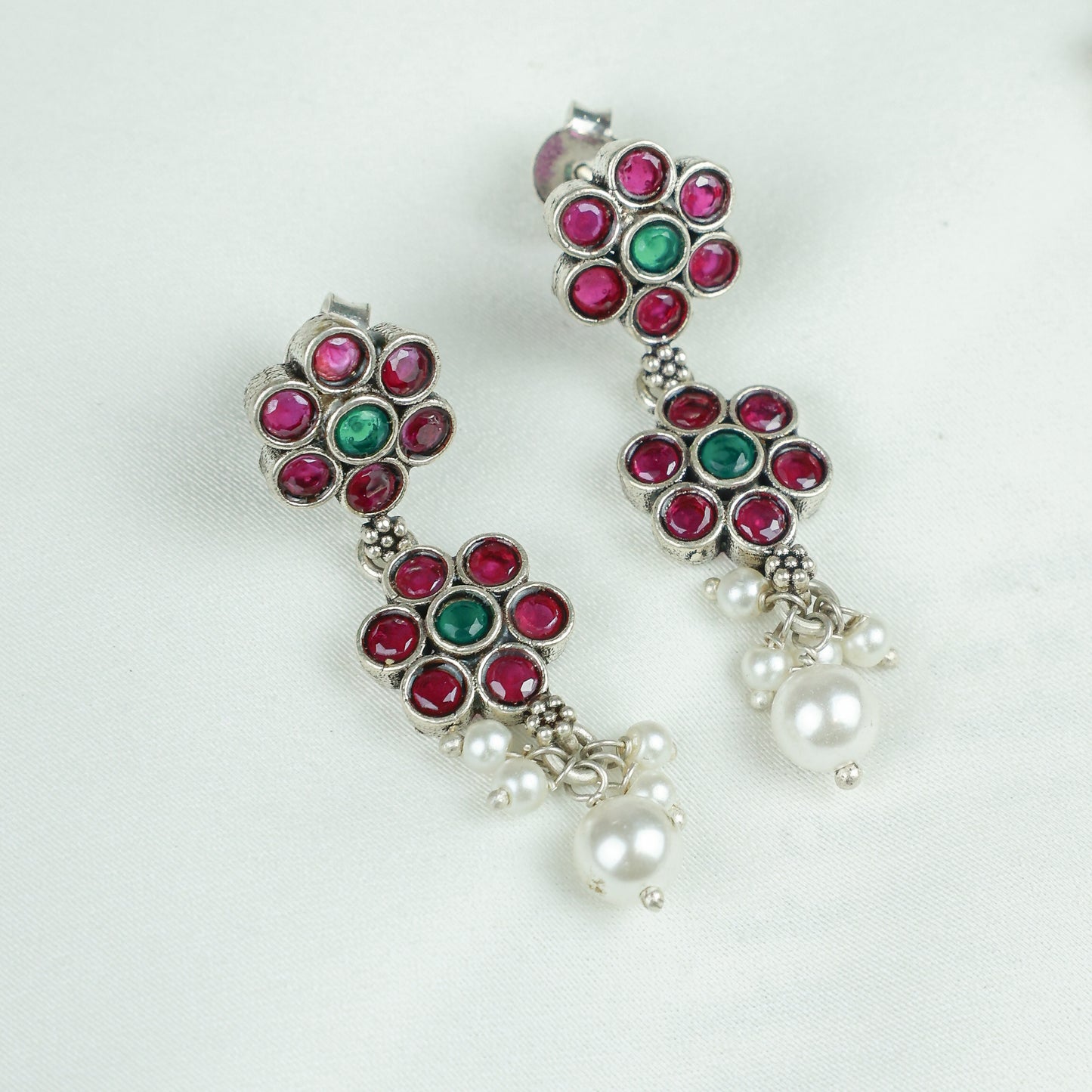Ayushi Semiprecious Delicate Ruby & Emerald Floral Silver Necklace Set