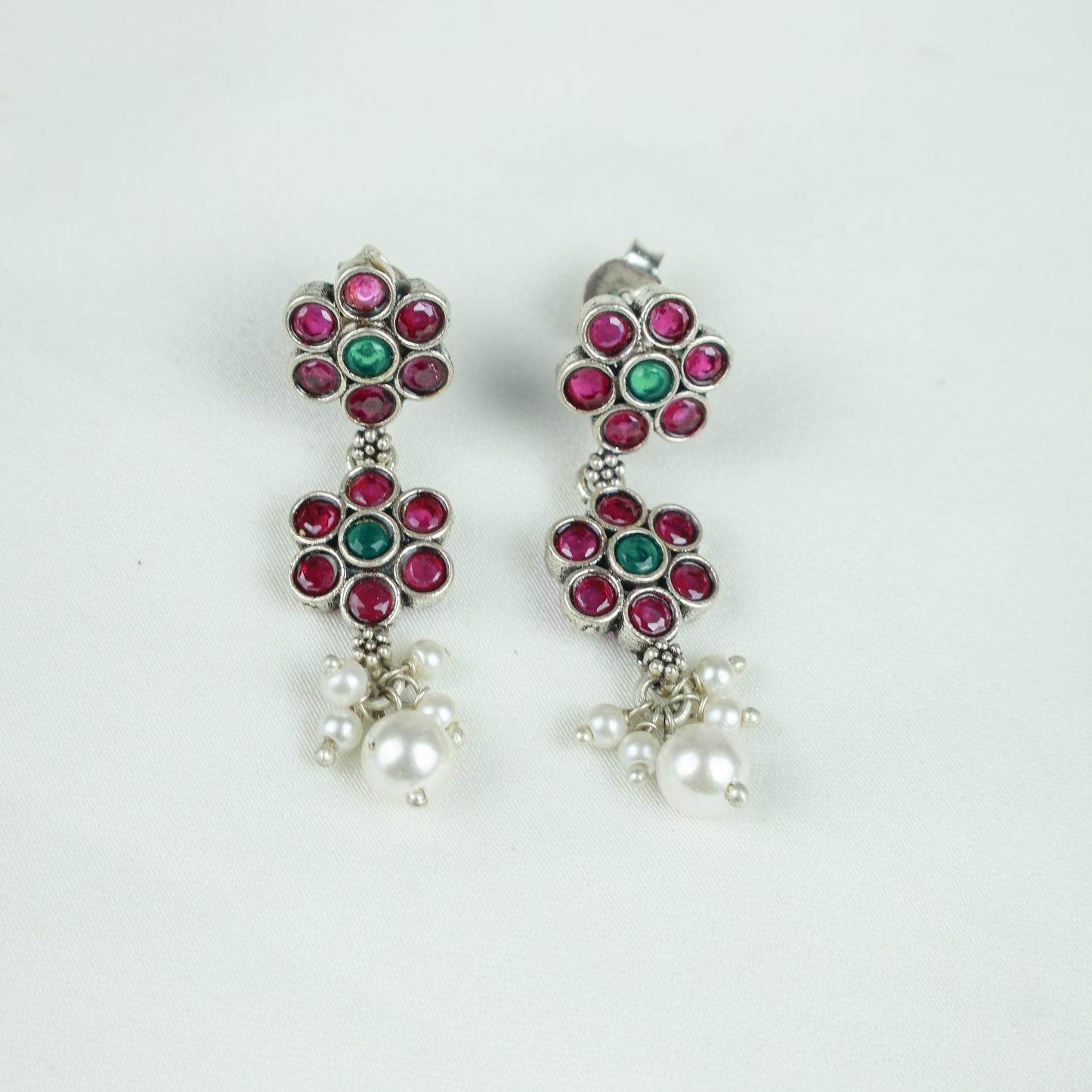 Ayushi Semiprecious Delicate Ruby & Emerald Floral Silver Necklace Set