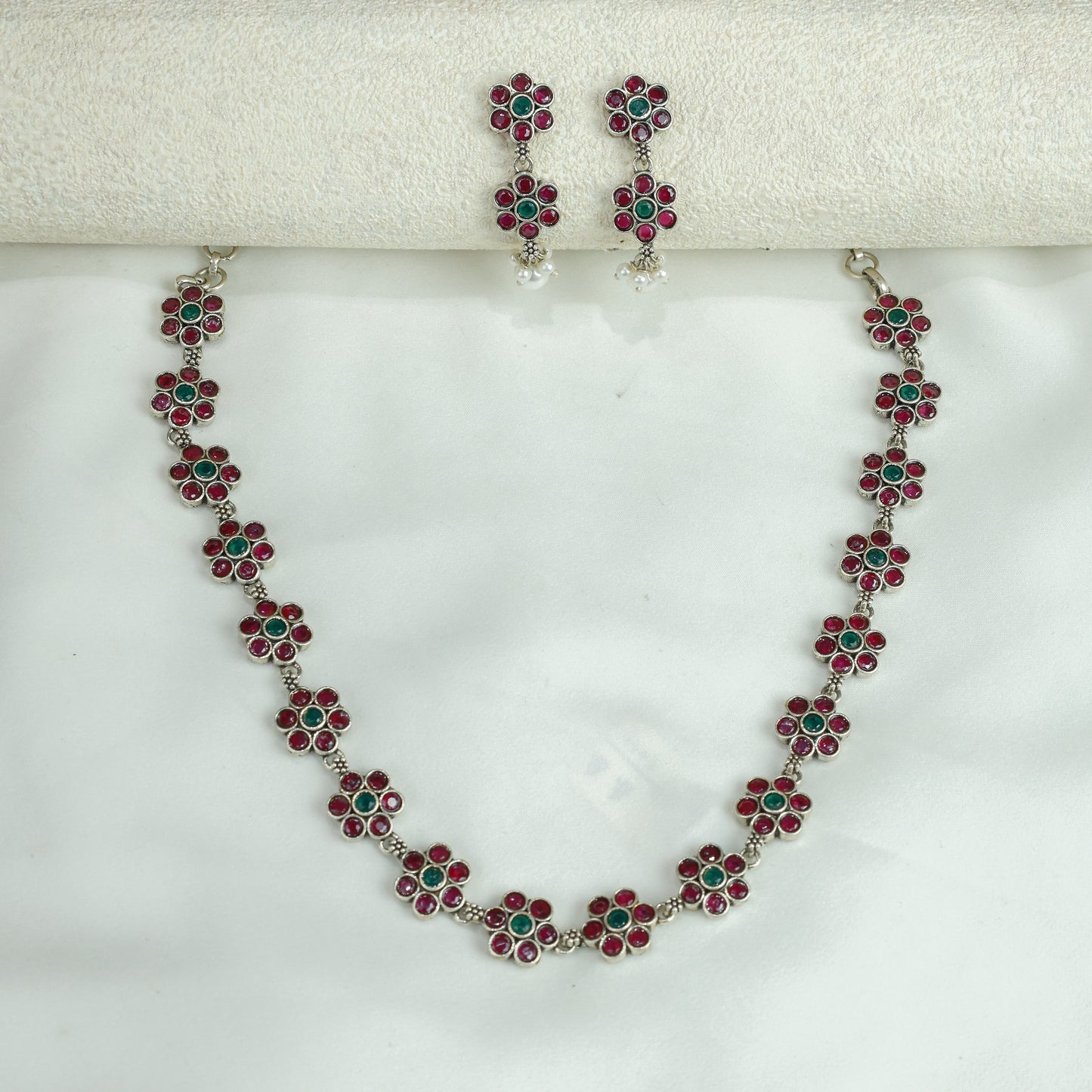 Ayushi Semiprecious Delicate Ruby & Emerald Floral Silver Necklace Set