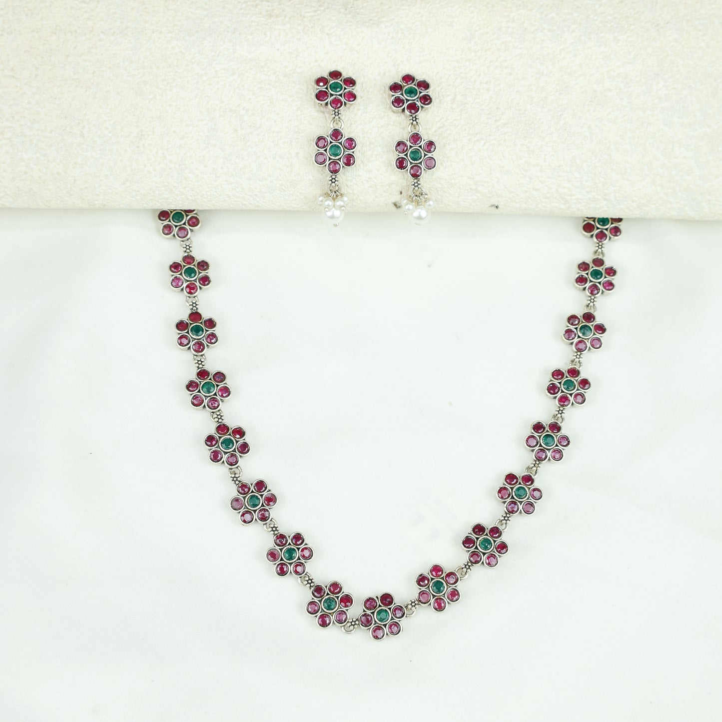 Ayushi Semiprecious Delicate Ruby & Emerald Floral Silver Necklace Set