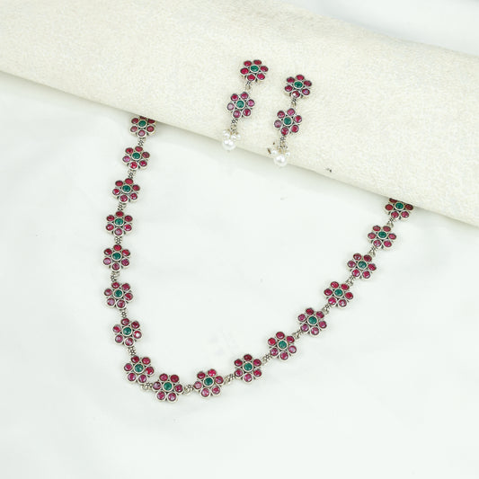 Ayushi Semiprecious Delicate Ruby & Emerald Floral Silver Necklace Set