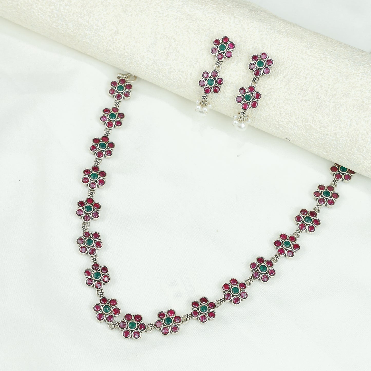 Ayushi Semiprecious Delicate Ruby & Emerald Floral Silver Necklace Set
