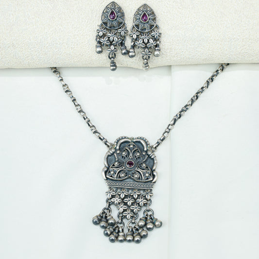 Tridha Tribal Statement Filigree Work and Ruby Necklace With Earrings