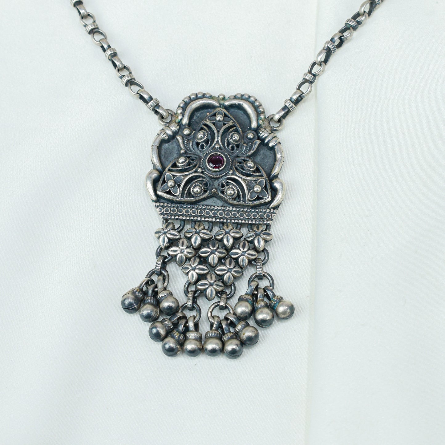 Tridha Tribal Statement Filigree Work and Ruby Necklace With Earrings