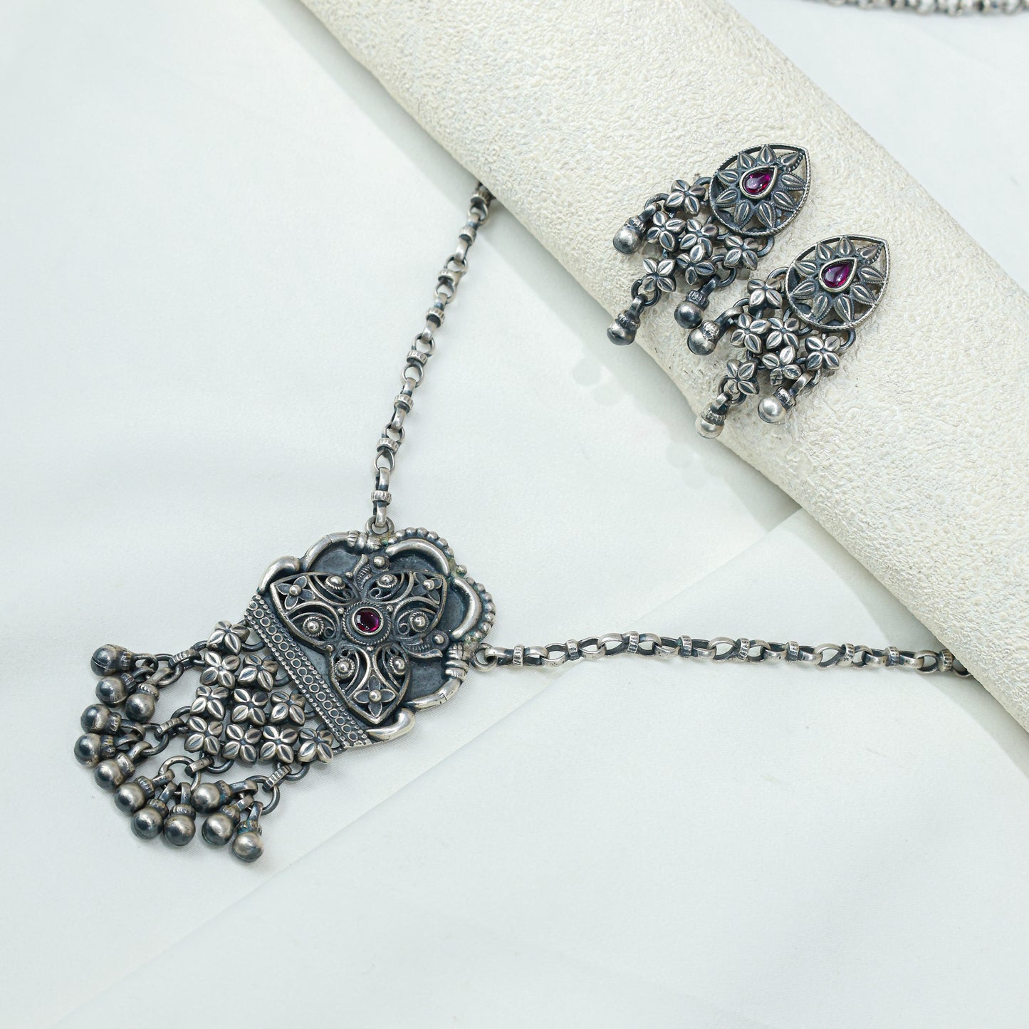 Tridha Tribal Statement Filigree Work and Ruby Necklace With Earrings