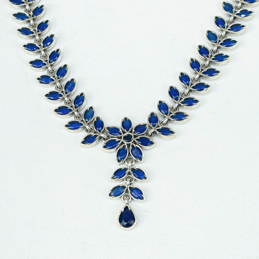 Ayushi Semiprecious Delicate Blue Flower Silver Necklace Set With Earrings