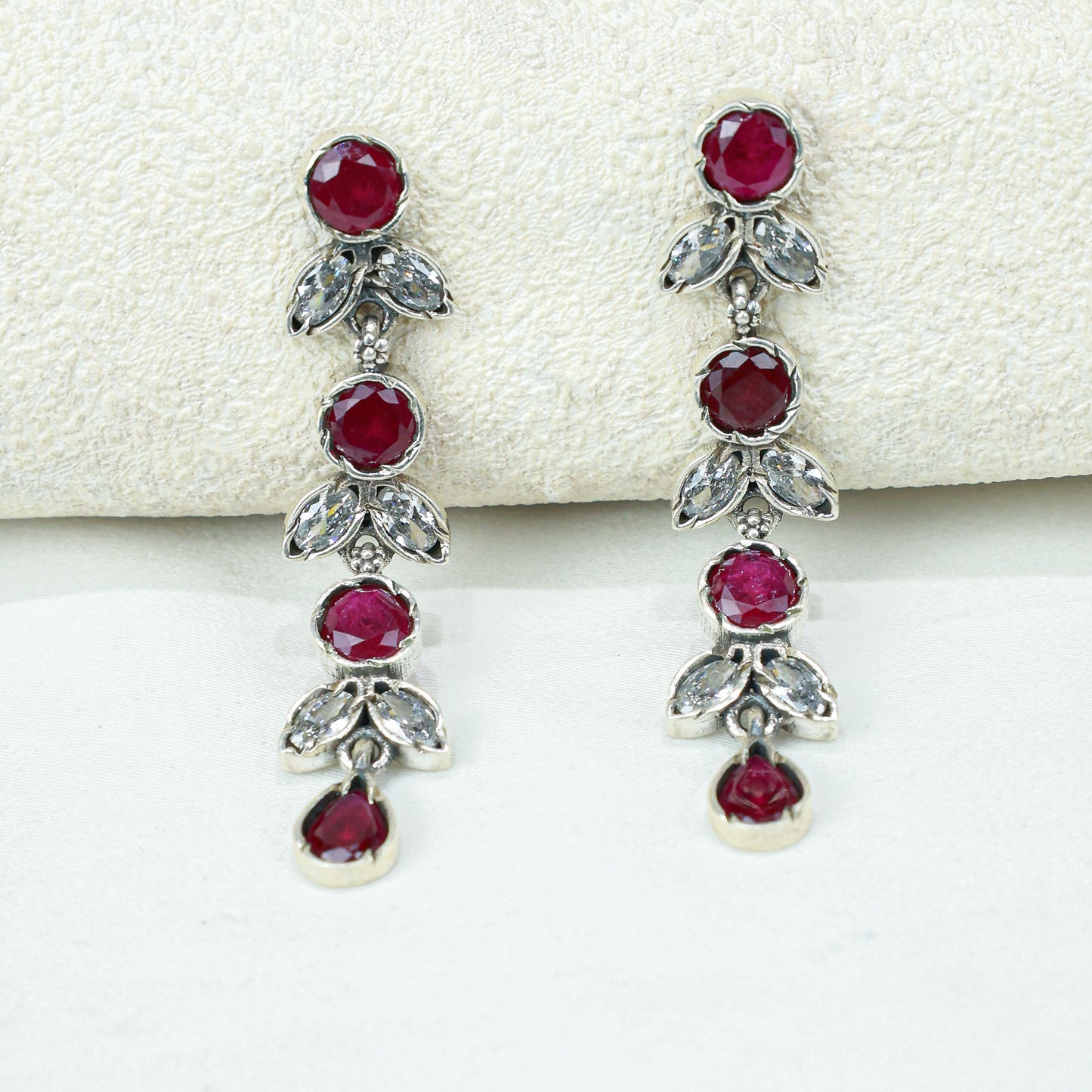 Ayushi Semiprecious Delicate Ruby & Zircon Flower Petal 925 Silver Necklace Set With Earrings