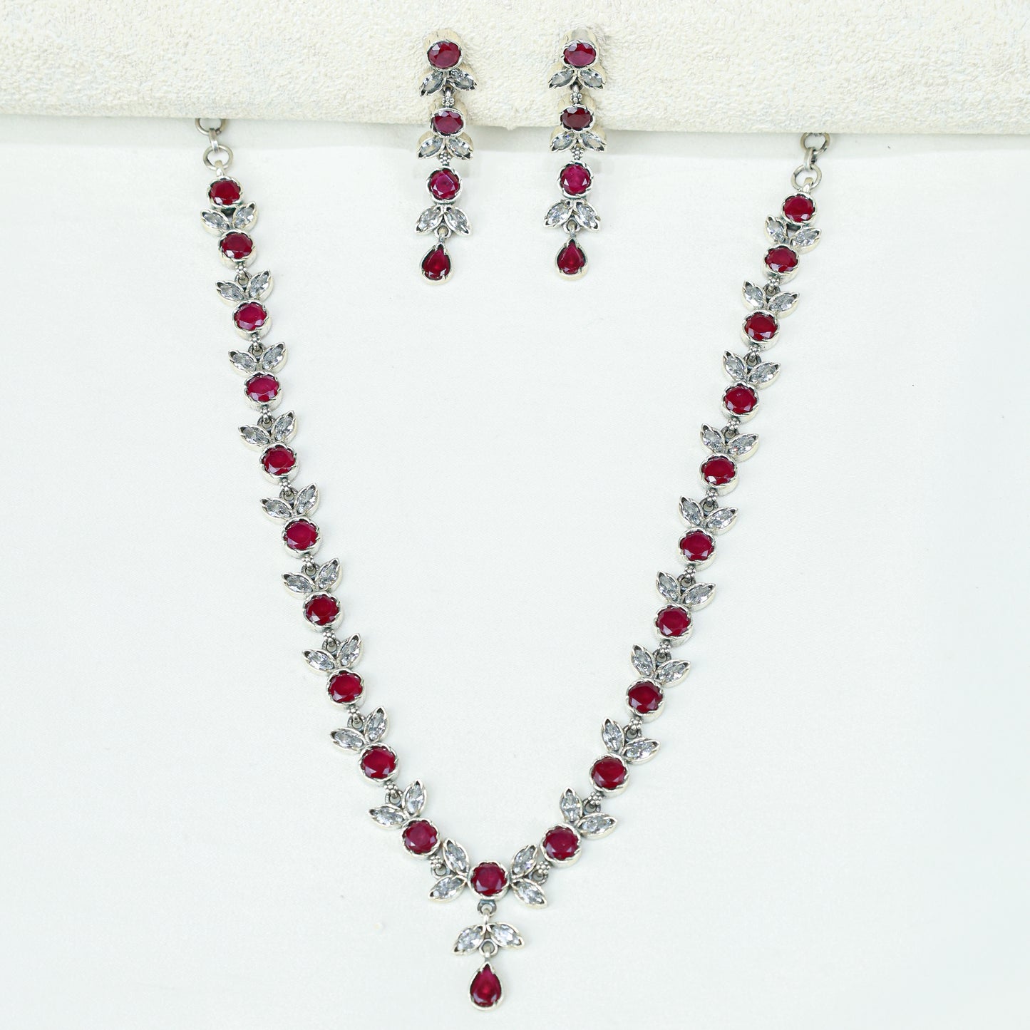 Ayushi Semiprecious Delicate Ruby & Zircon Flower Petal 925 Silver Necklace Set With Earrings