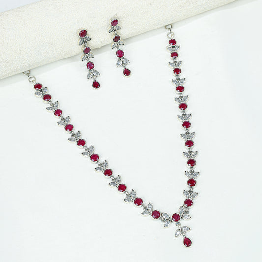 Ayushi Semiprecious Delicate Ruby & Zircon Flower Petal 925 Silver Necklace Set With Earrings