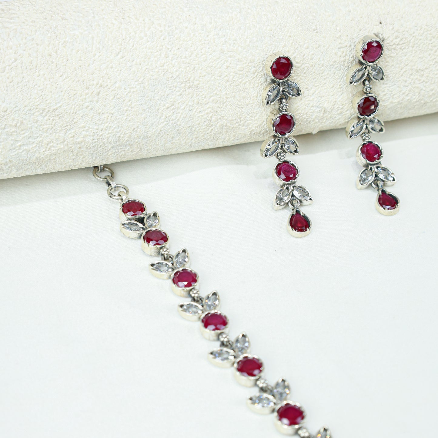Ayushi Semiprecious Delicate Ruby & Zircon Flower Petal 925 Silver Necklace Set With Earrings