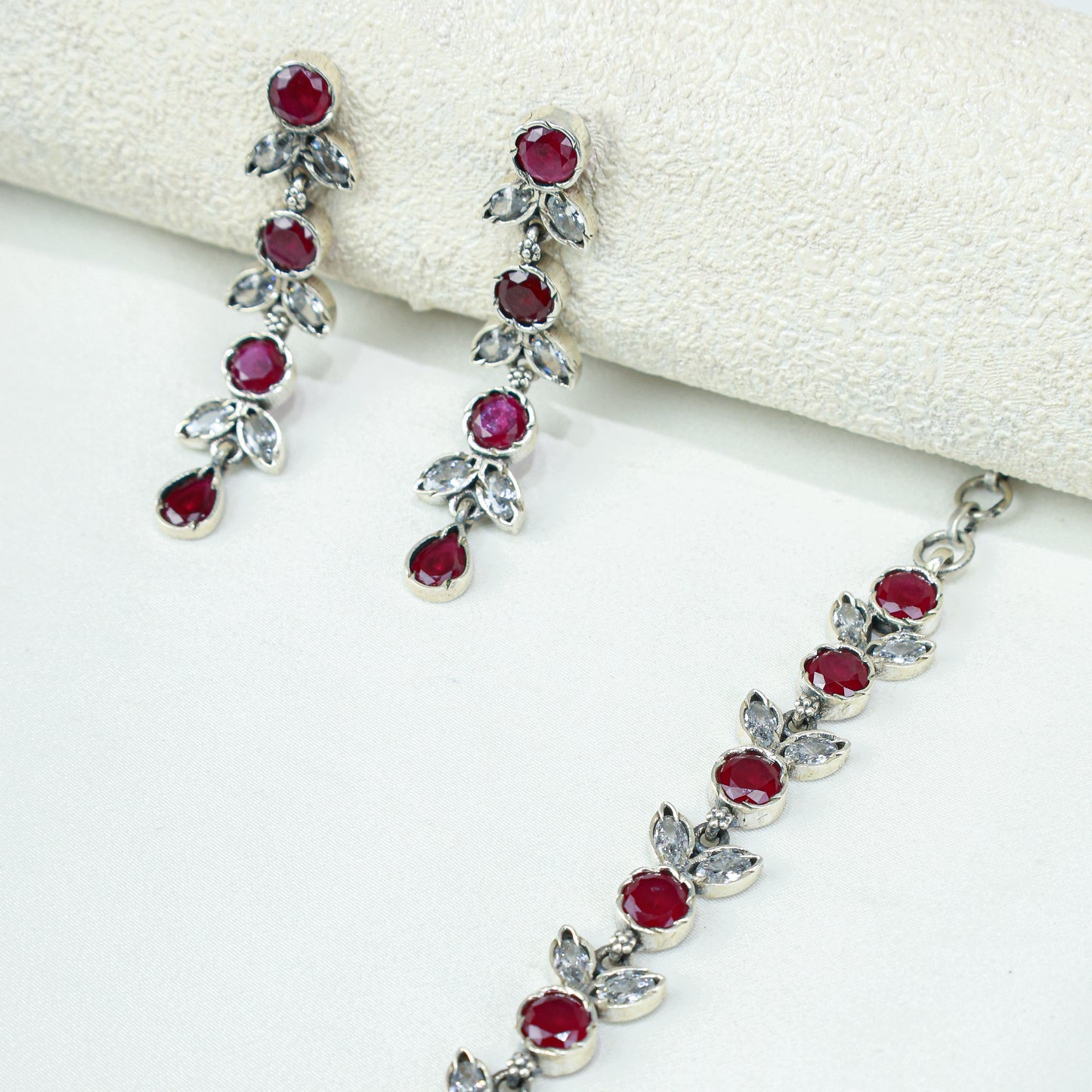 Ayushi Semiprecious Delicate Ruby & Zircon Flower Petal 925 Silver Necklace Set With Earrings