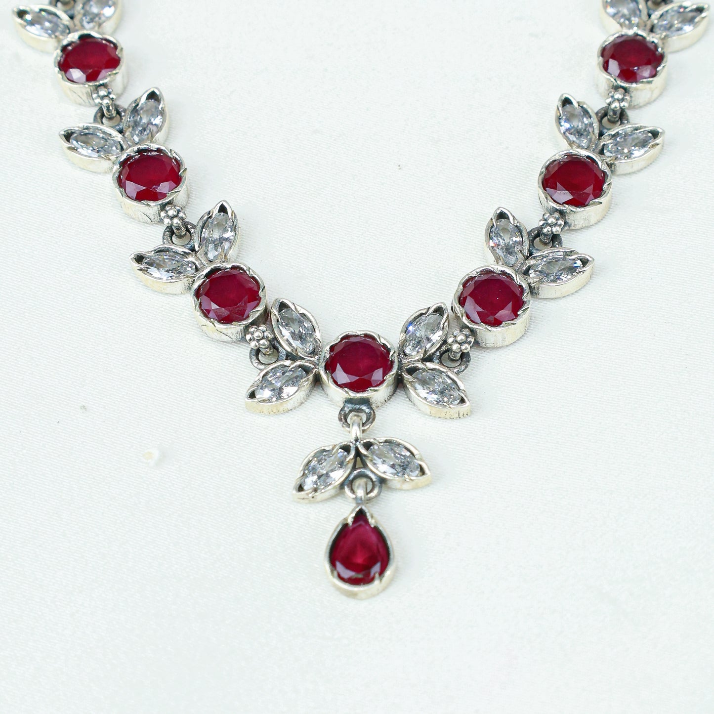 Ayushi Semiprecious Delicate Ruby & Zircon Flower Petal 925 Silver Necklace Set With Earrings
