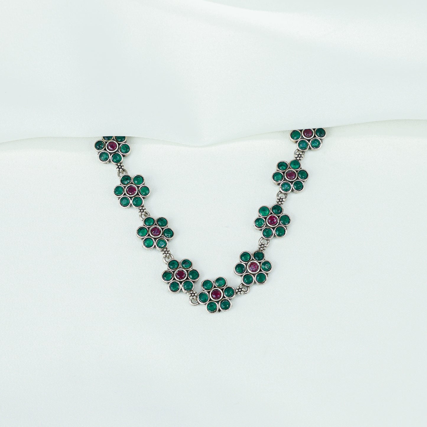 Ayushi Semiprecious Delicate Ruby & Emerald Daisy Flower 925 Silver Necklace