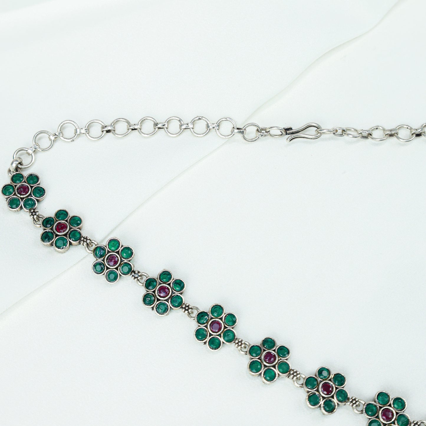 Ayushi Semiprecious Delicate Ruby & Emerald Daisy Flower 925 Silver Necklace