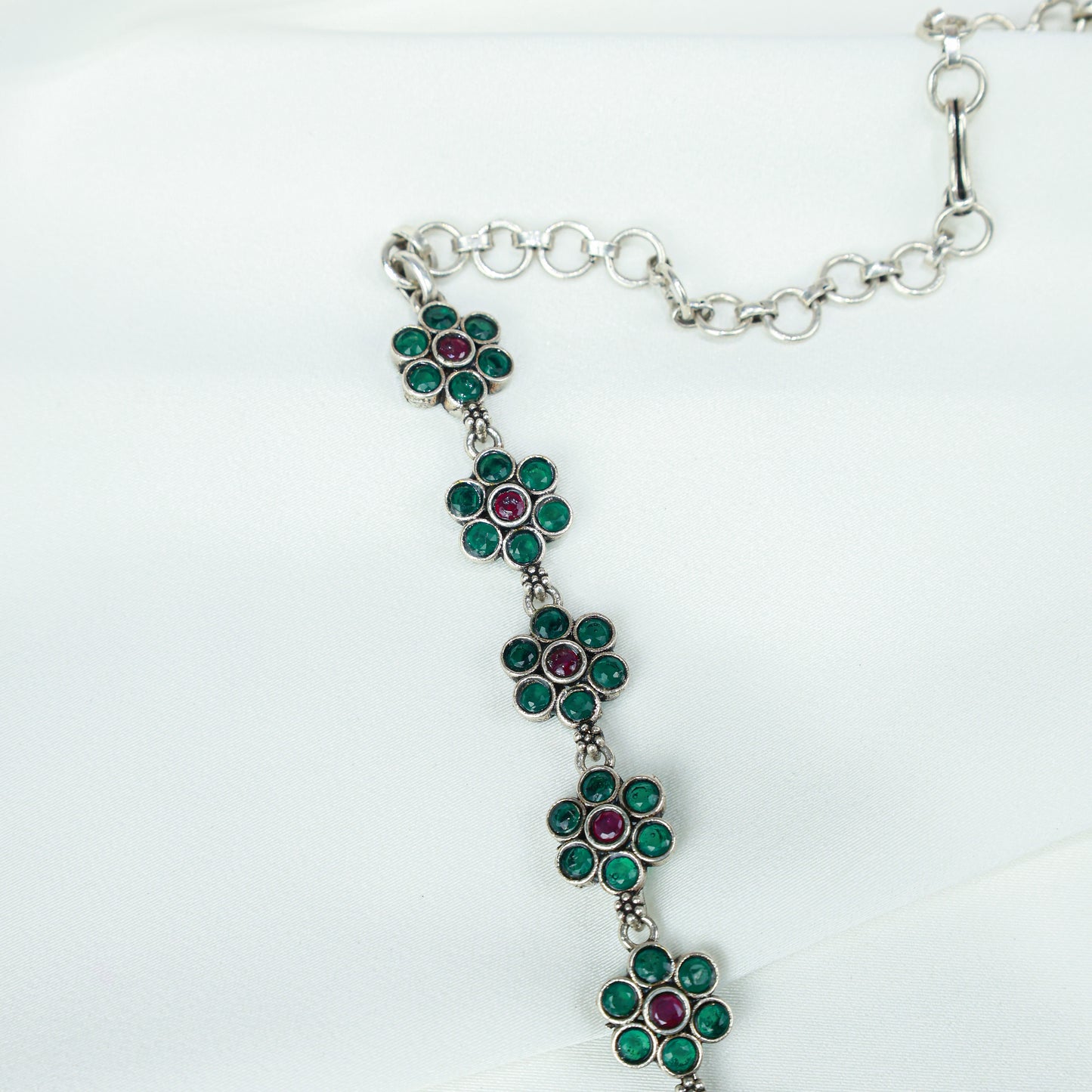 Ayushi Semiprecious Delicate Ruby & Emerald Daisy Flower 925 Silver Necklace