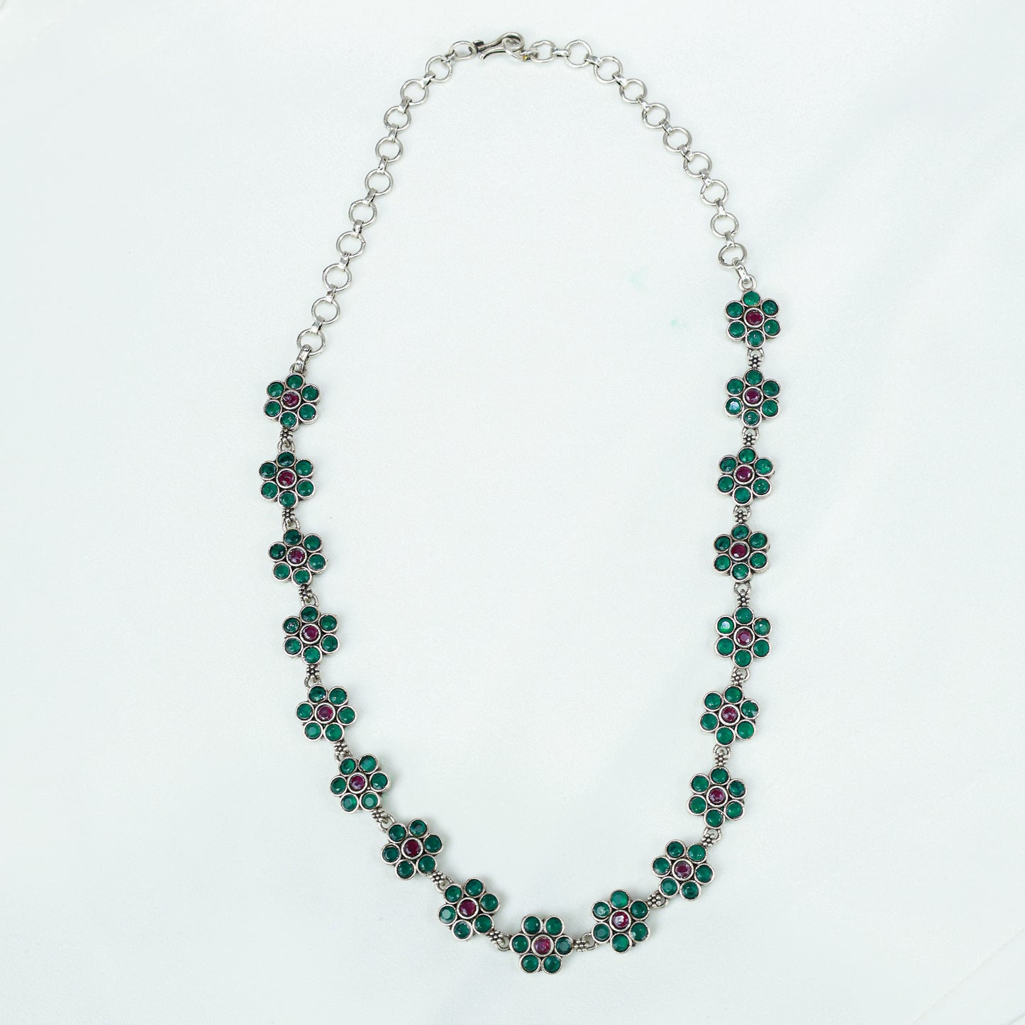 Ayushi Semiprecious Delicate Ruby & Emerald Daisy Flower 925 Silver Necklace