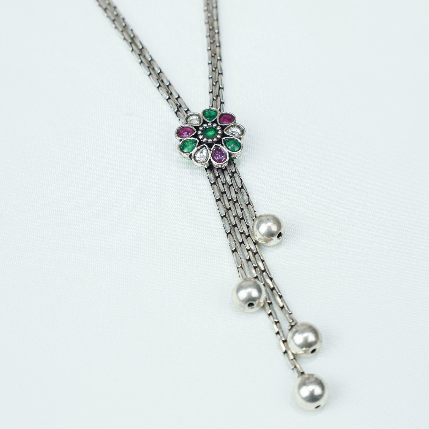 Ayushi Floral Tie Chain With Dangling Silver Beads 925 Silver Necklace
