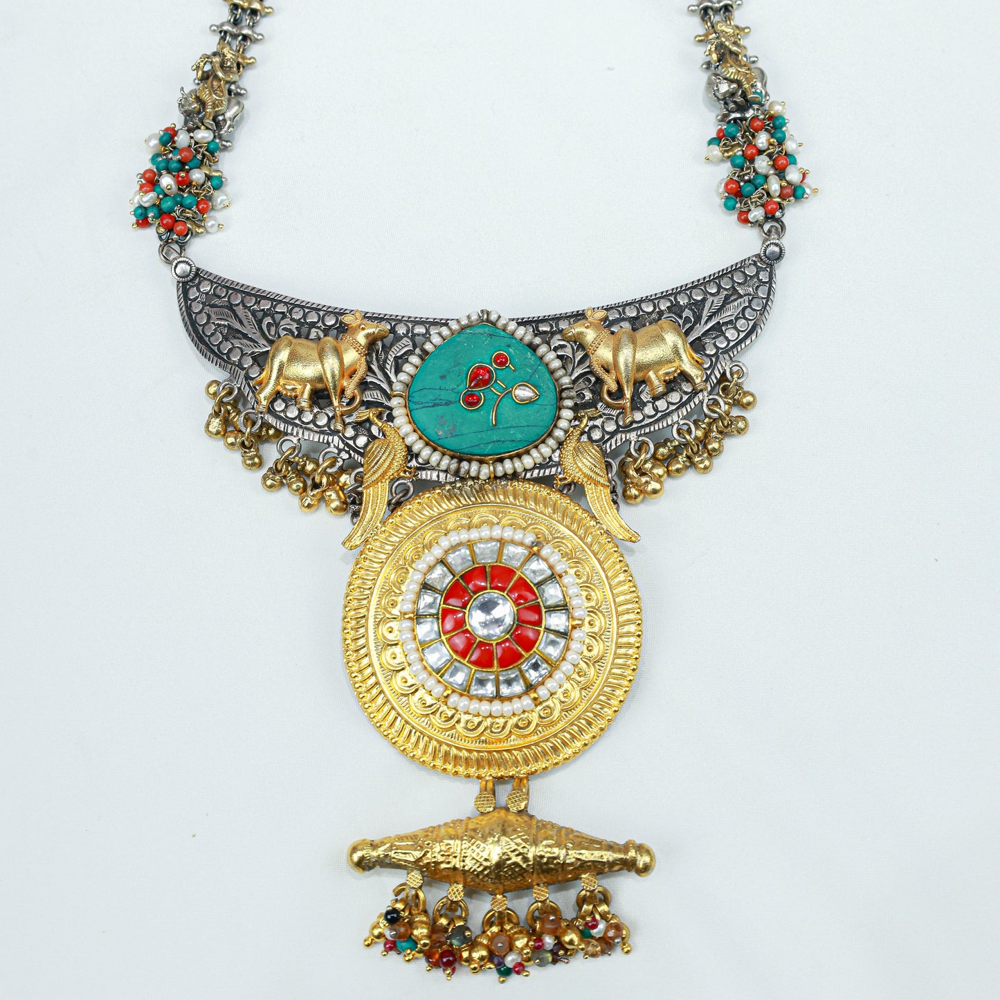 Anokhi Dual Tone Cow Motif And Kundan 925 Silver Necklace