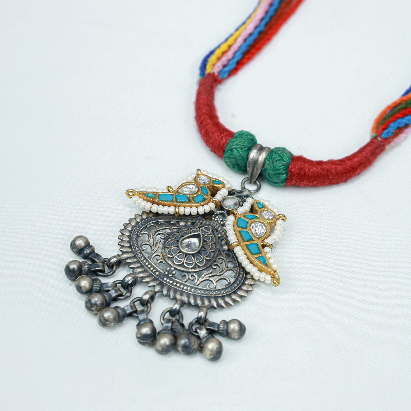 Anokhi Multi Color Dori And Parrot Motif 925 Silver Pendant
