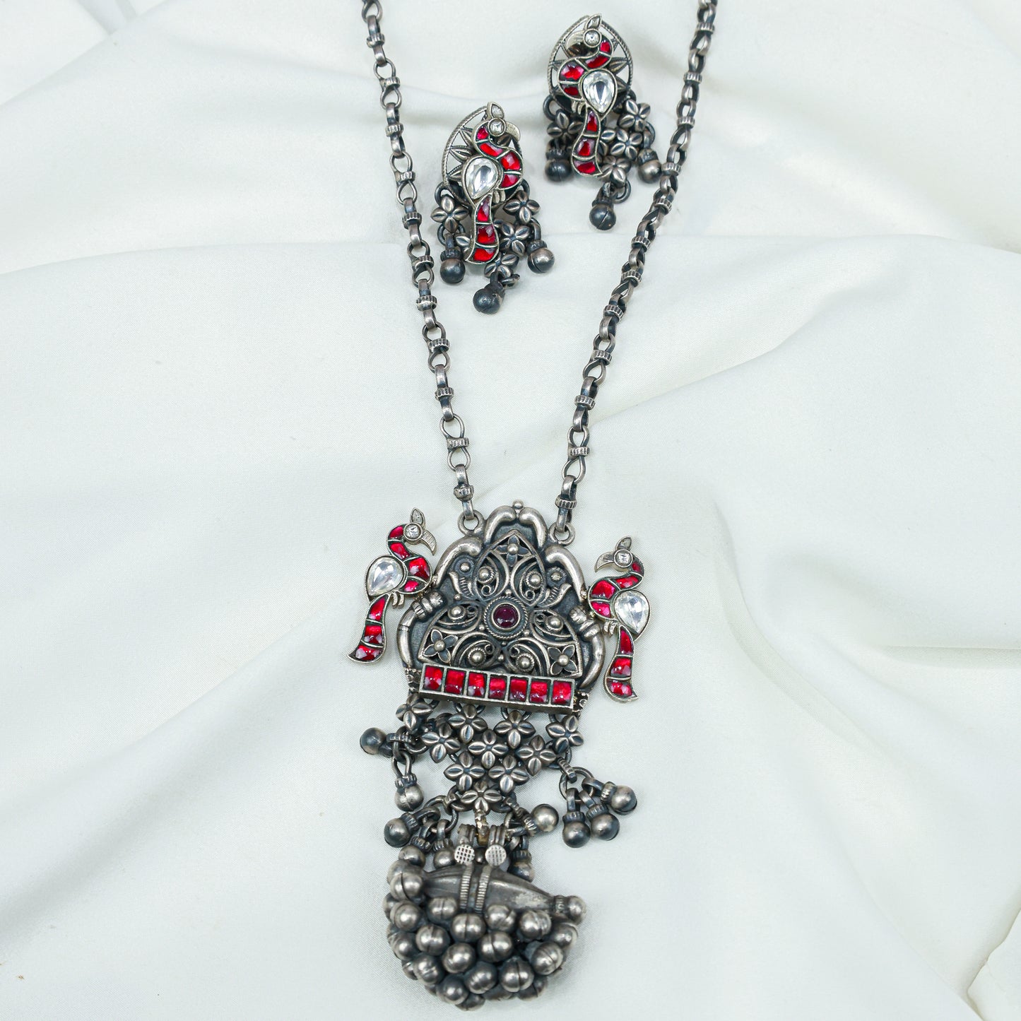 Anokhi Bird And Tabeej Motif 925 Silver Jhalar Necklace With Earrings