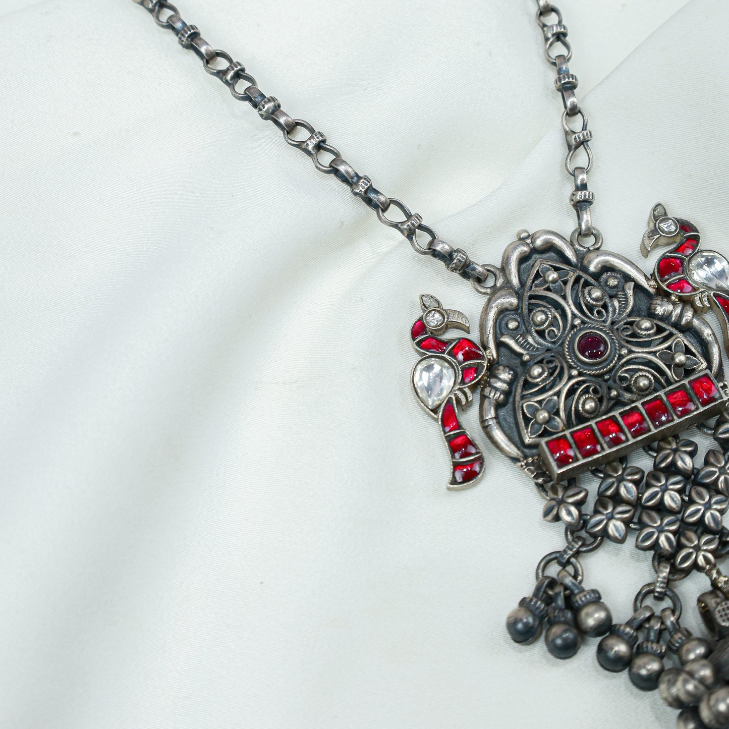 Anokhi Bird And Tabeej Motif 925 Silver Jhalar Necklace With Earrings