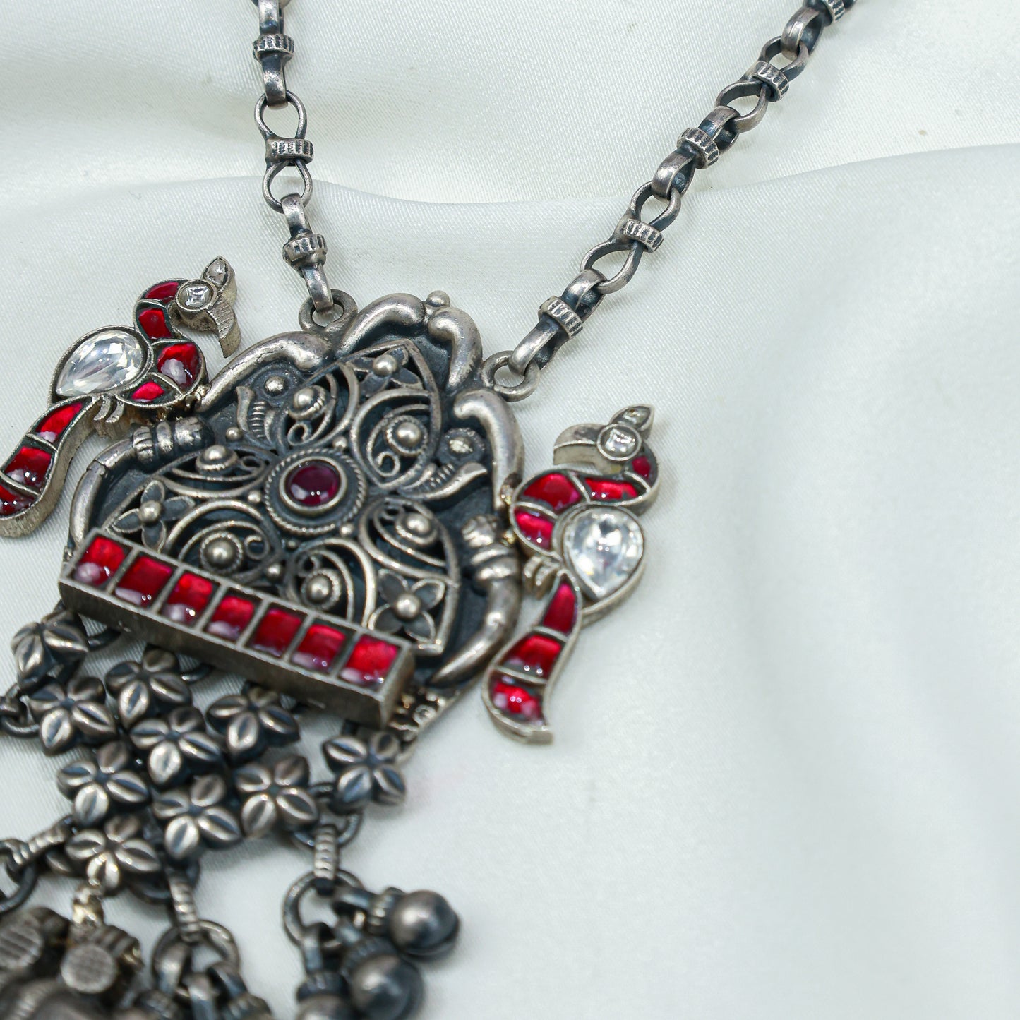 Anokhi Bird And Tabeej Motif 925 Silver Jhalar Necklace With Earrings