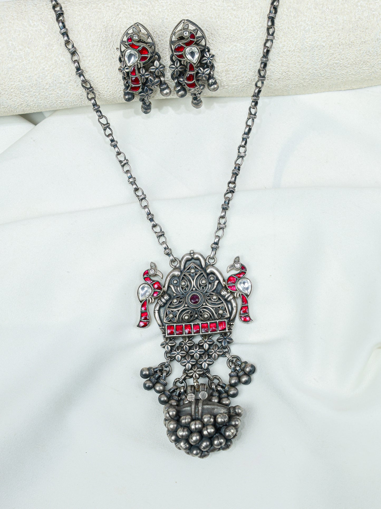 Anokhi Bird And Tabeej Motif 925 Silver Jhalar Necklace With Earrings