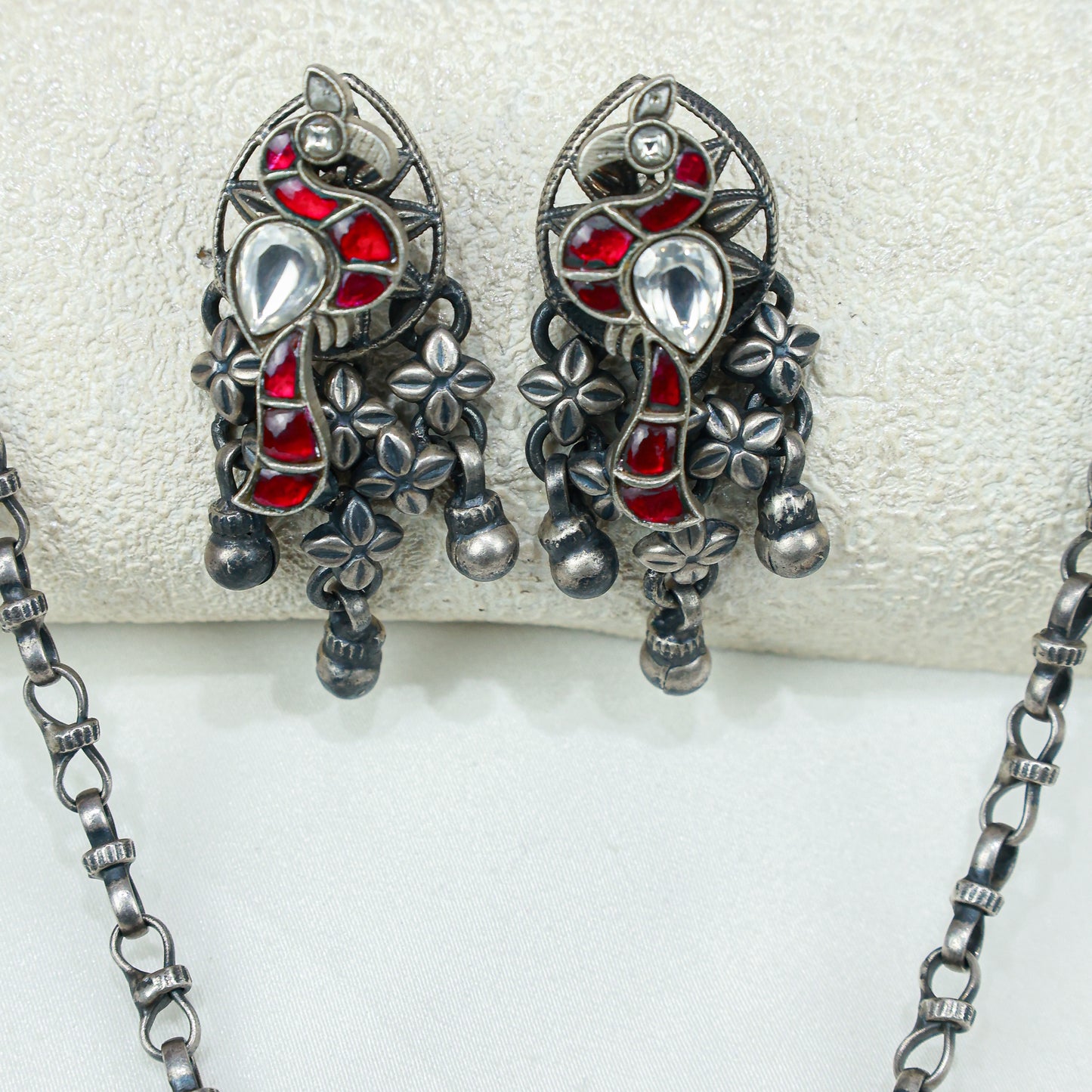 Anokhi Bird And Tabeej Motif 925 Silver Jhalar Necklace With Earrings