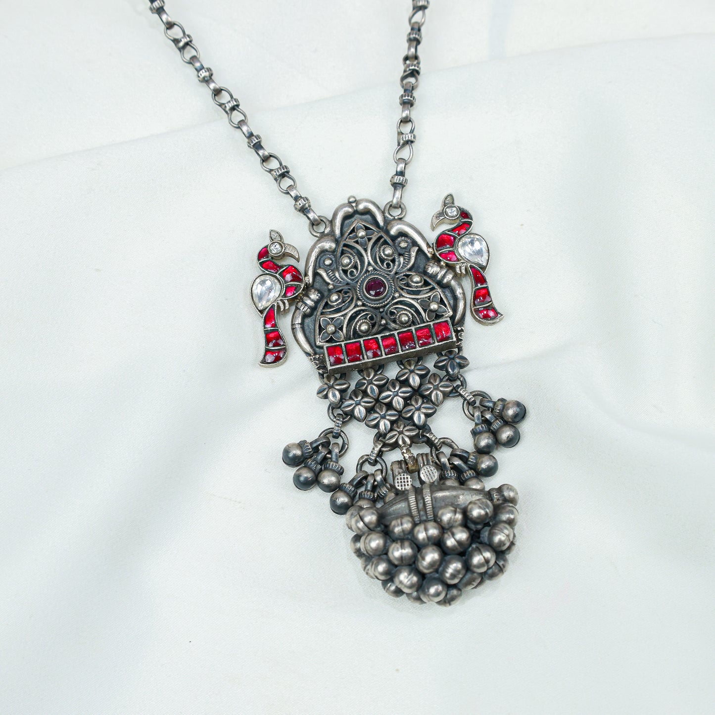 Anokhi Bird And Tabeej Motif 925 Silver Jhalar Necklace With Earrings