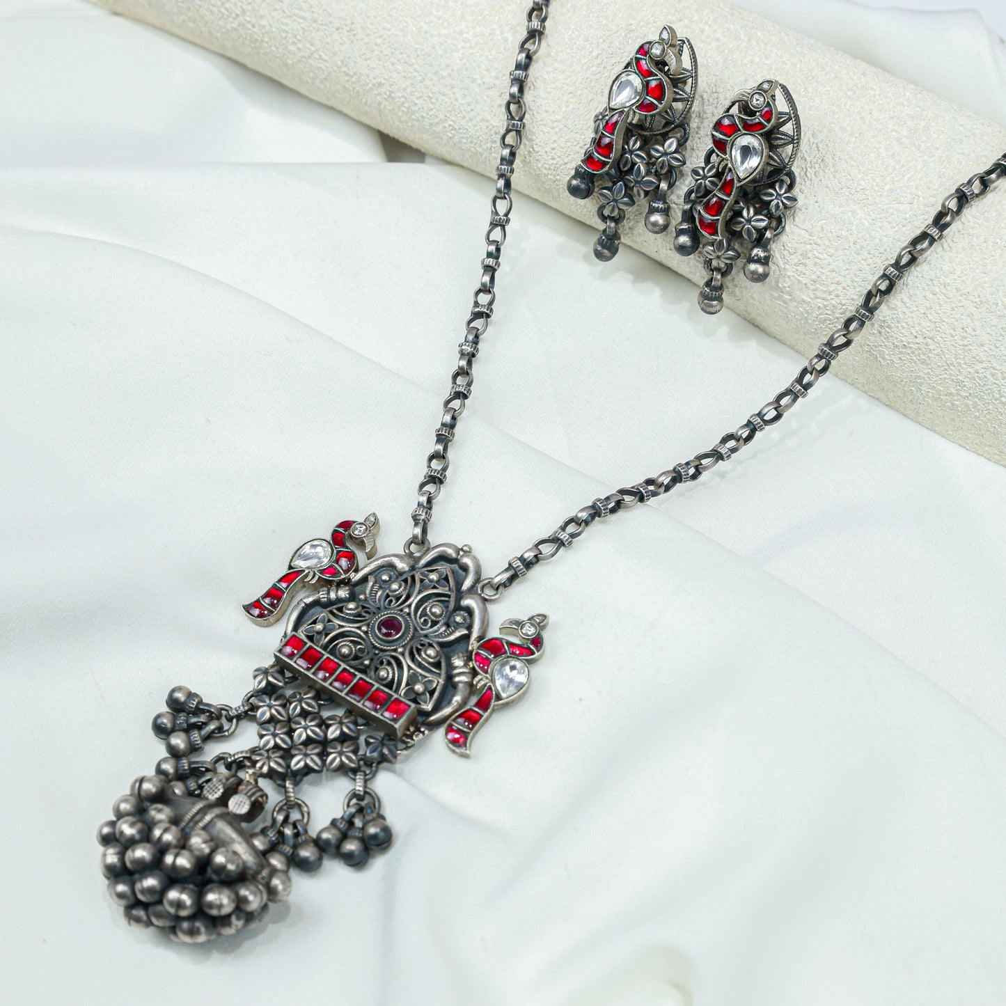 Anokhi Bird And Tabeej Motif 925 Silver Jhalar Necklace With Earrings