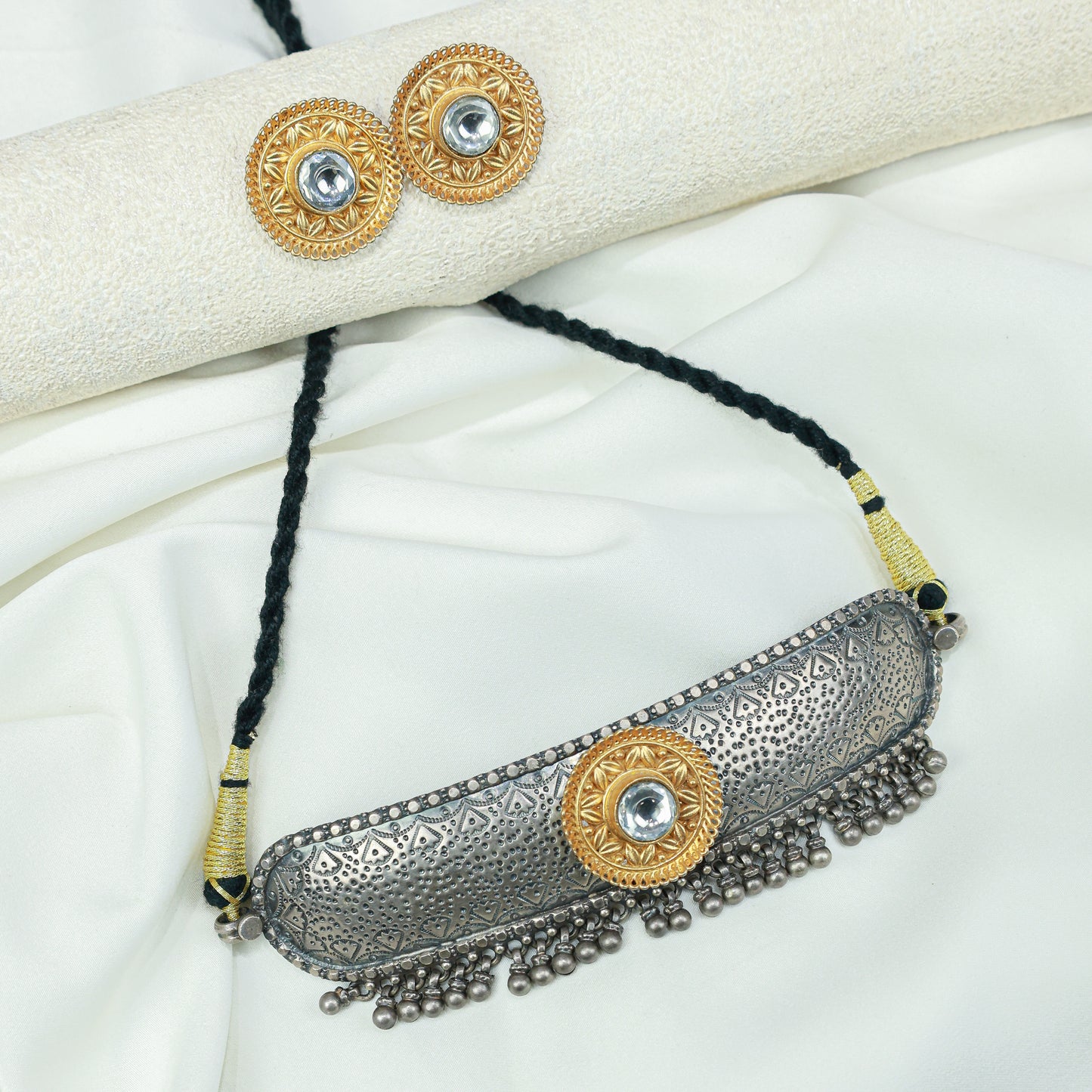 Anokhi Mandira Golden Motif 925 Silver Choker Necklace Set